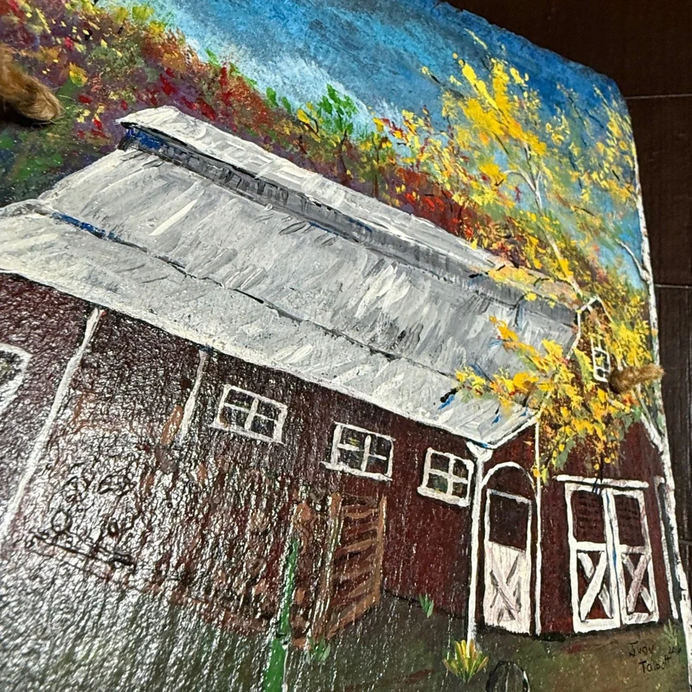 Judy Talbott Hand Painted Slate Art John Deere Tractor Red Barn Farm Scene 2016